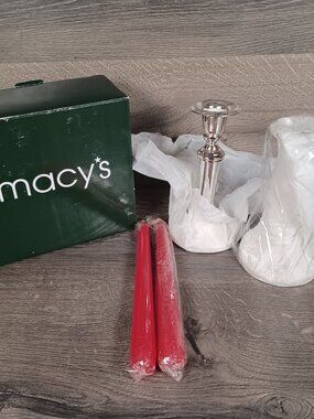 New Macy's Silverplated Candle Pair of Sticks With Red Candles